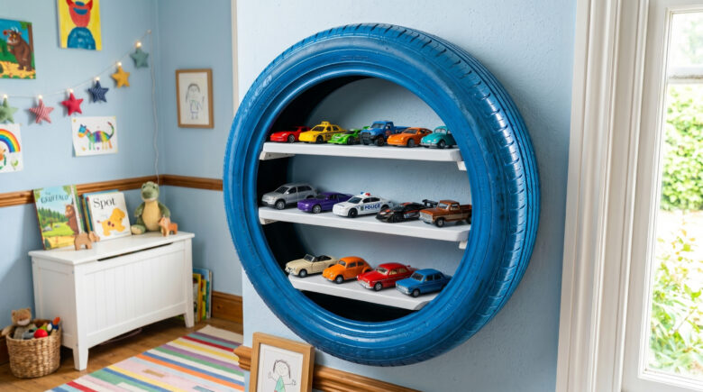 Turned an Old Tire Into a Toy Car Display Shelf