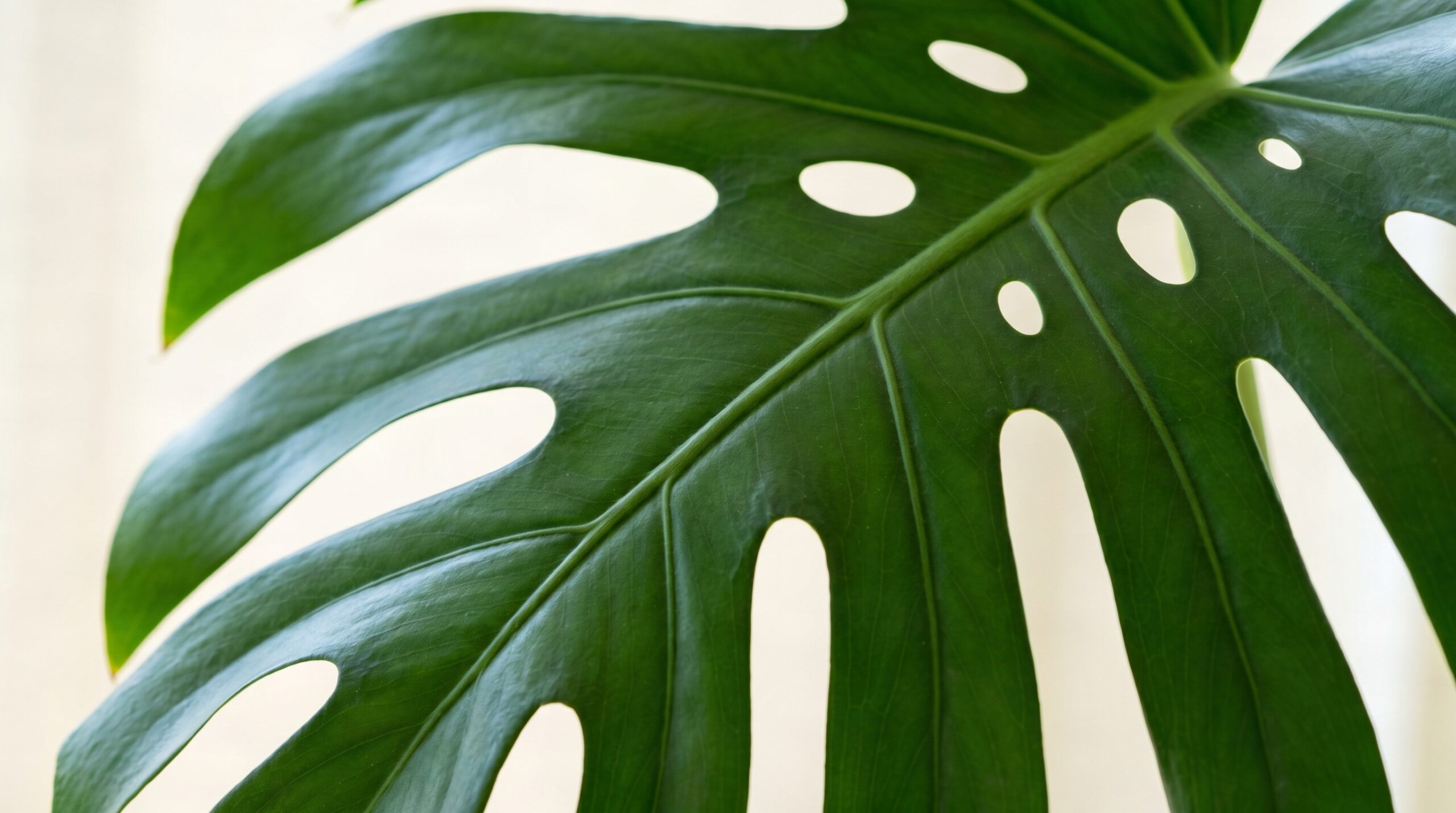 An extreme close-up of a mature Monstera deliciosa leaf showing beautiful, naturally formed holes and splits (fenestrations). The leaf is deep glossy green, photographed in bright natural indirect light that shows the intricate patterns of the cuts and perforations. The background is softly blurred white or cream. Macro photography style, botanically accurate. Photorealistic, sharp detail on the leaf surface texture. Aspect ratio: 1:1. Avoid artificial lighting, yellow or unhealthy-looking leaves. Negative prompt: text, watermarks, multiple plants in frame, dark background, cartoon