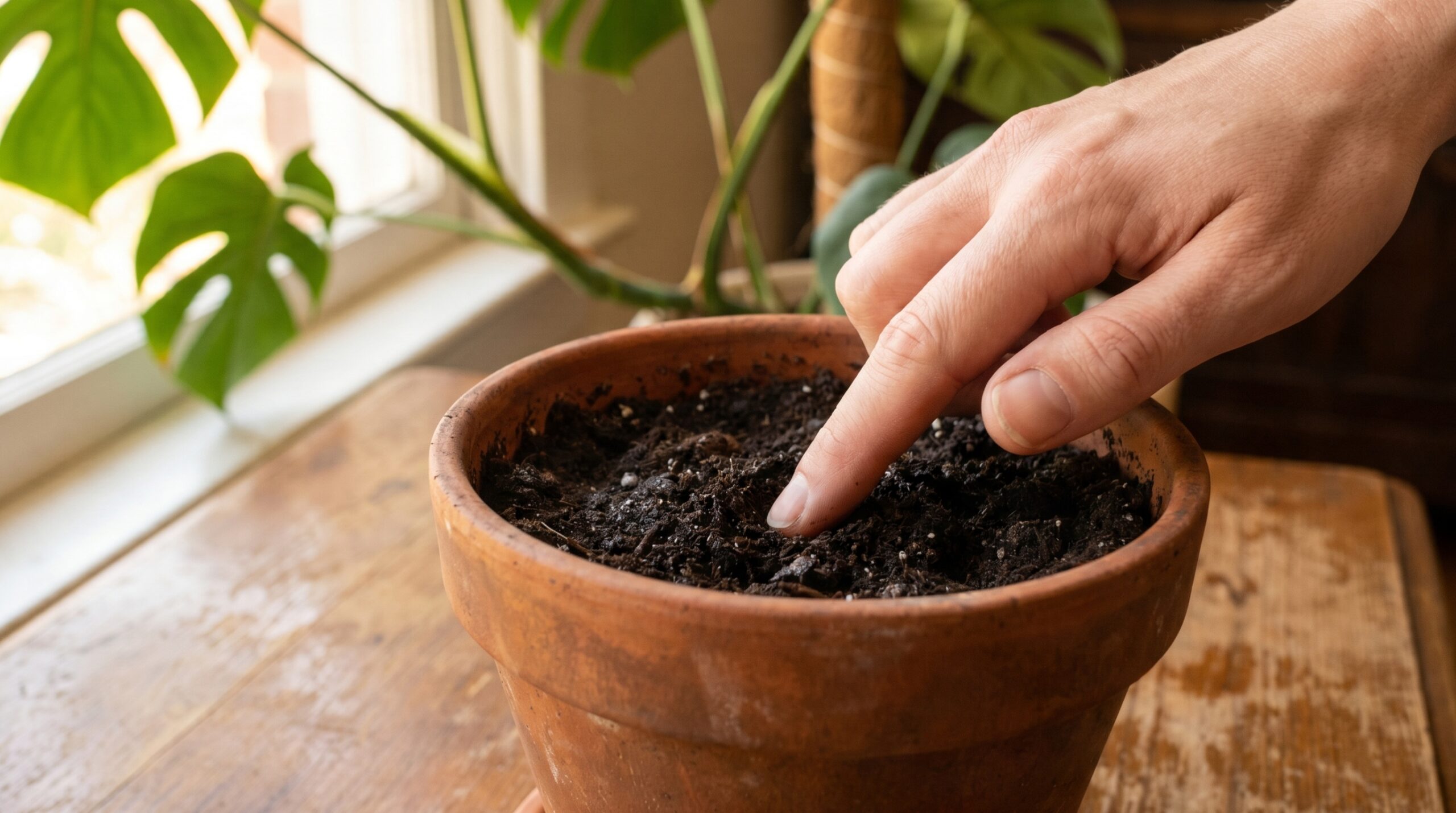 hand pressing finger into monstera soil to check moisture before watering