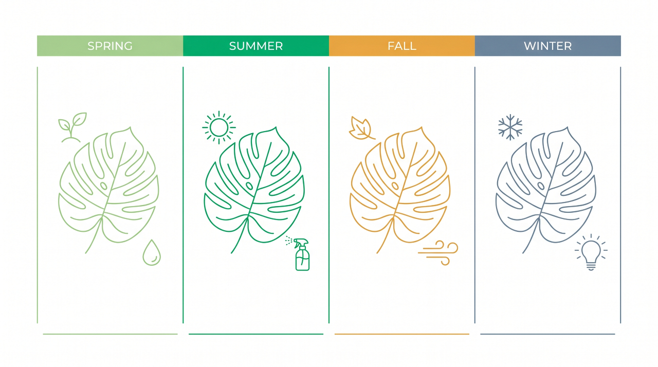 monstera plant seasonal care chart showing care tips for each season
